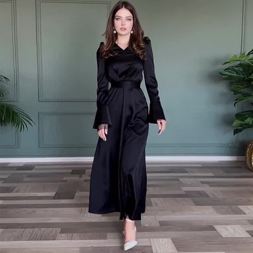 Autumn V-Neck Solid Color Split Long-Sleeve Slim Fit Belt Dress