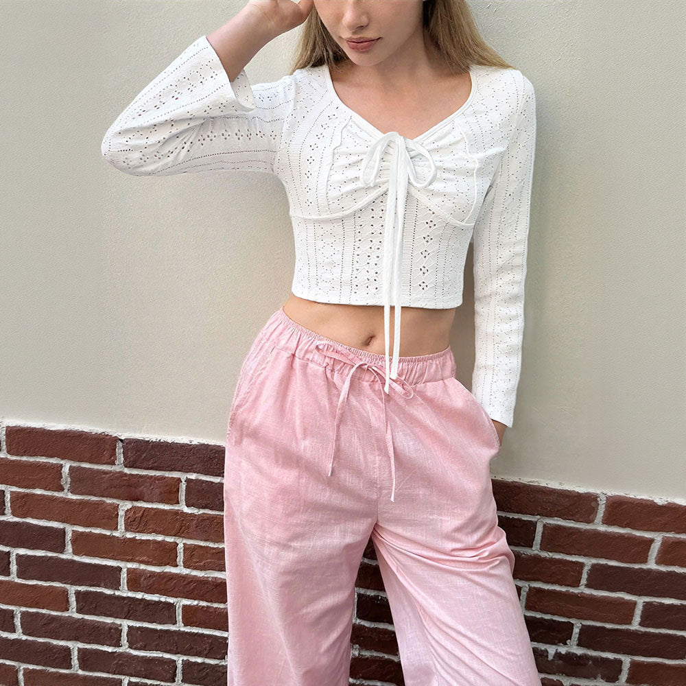Women’s Ivory Ruched Lace Up V Neck Top