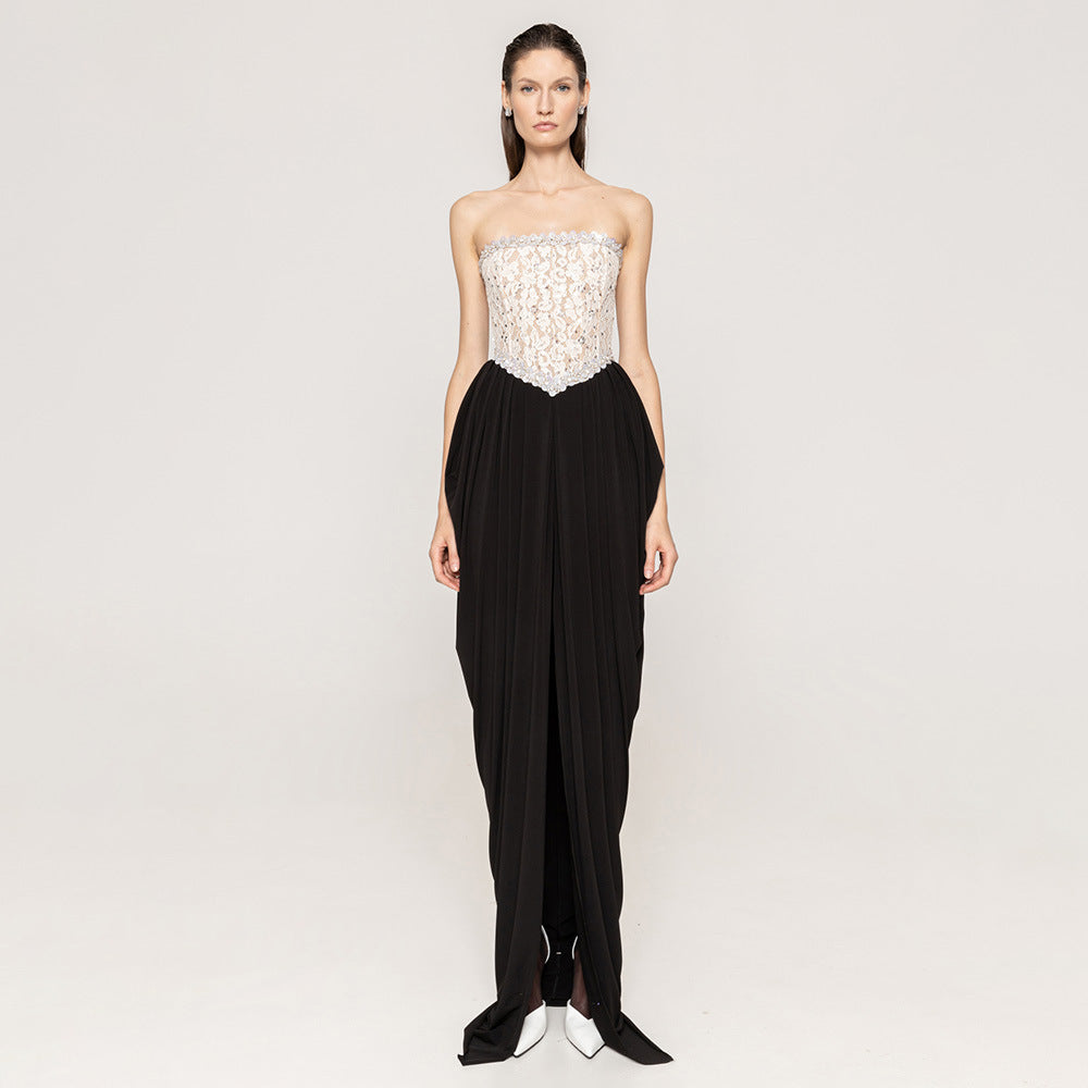 Women's Lace Bead Strapless Dress High Elastic Split Long