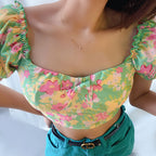 Women’s French Floral Square Neck Bow Crop Top