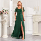 Women's Elegant Short Sleeve Square Collar Shiny Bright Tulle Evening Dress