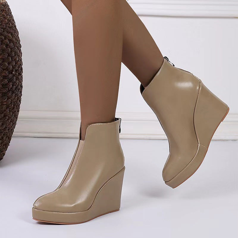 Women's Autumn Winter Wedge Platform High Heel Pointed Toe Elastic Ankle Boots Black Back Zipper