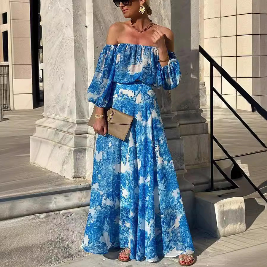 Off-Shoulder Printing High-Waist Elegant Dress