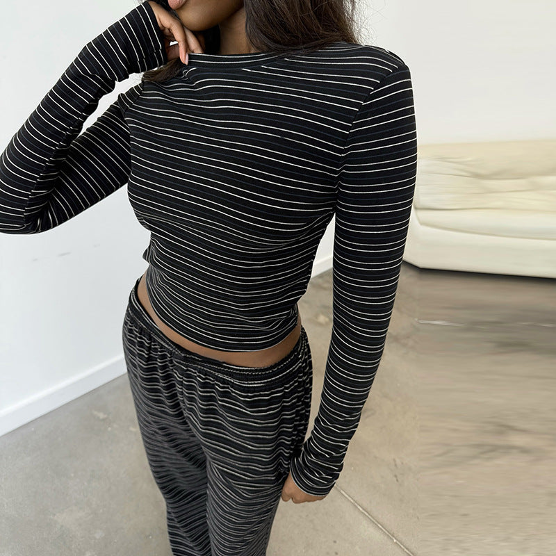 Autumn Comfort Casual Slim Striped Trousers Pant Set