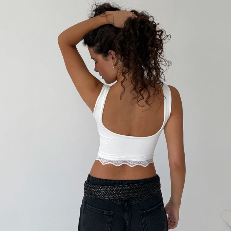 Summer Solid Color Lace Strap Cropped Exposed Sports Top