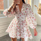 Autumn Winter Street Casual Floral Midi High-Waist Slim V-Neck Dress