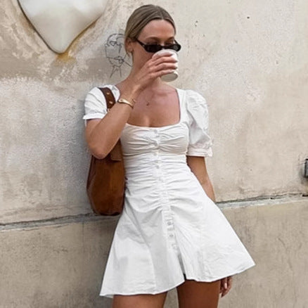 White Cotton Puff-Sleeve Mini Dress