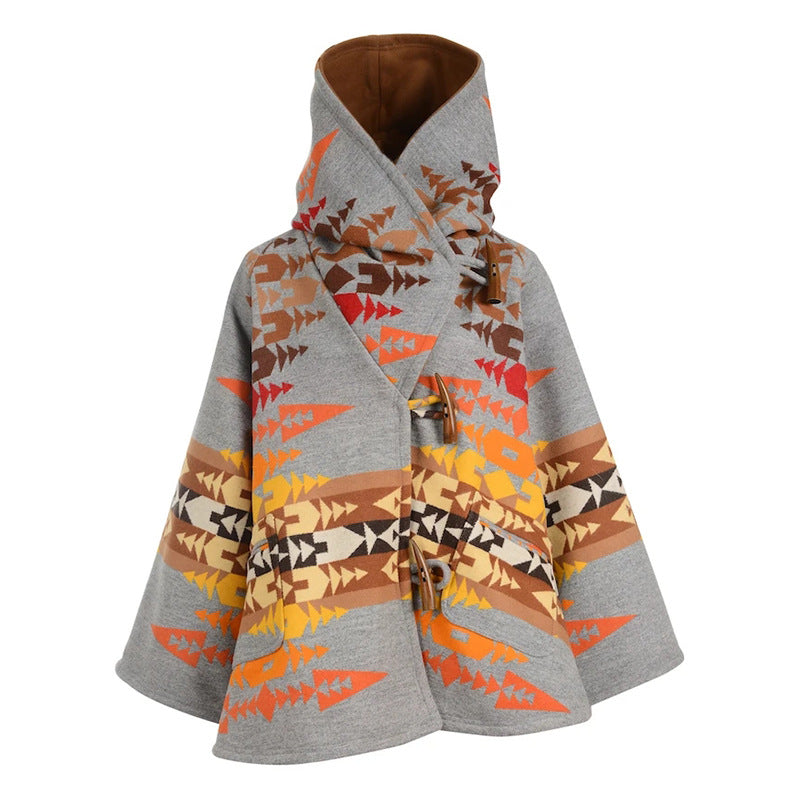 Women's Long Sleeve Hooded Jacket Printed Woolen Coat