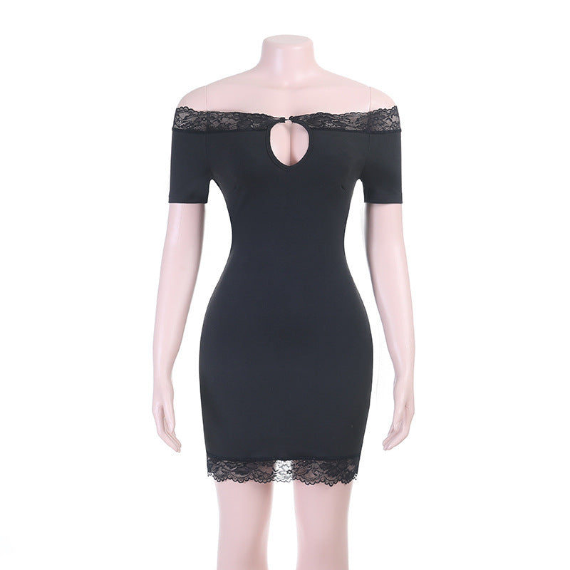 Black lace-trim mini dress on mannequin with off-shoulder neckline and oval cutout