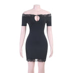 Black lace-trim mini dress on mannequin with off-shoulder neckline and oval cutout