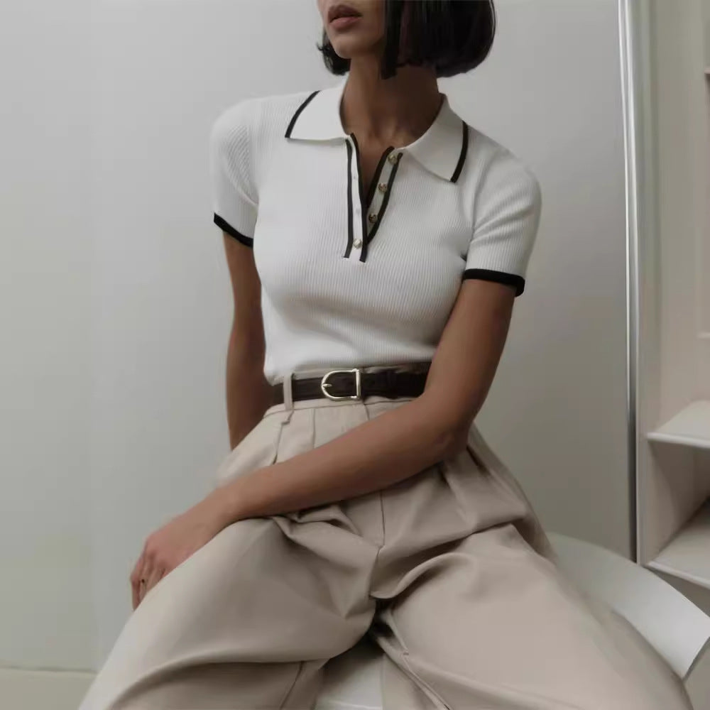 Women's Slim Fit Contrast Polo Knit Top
