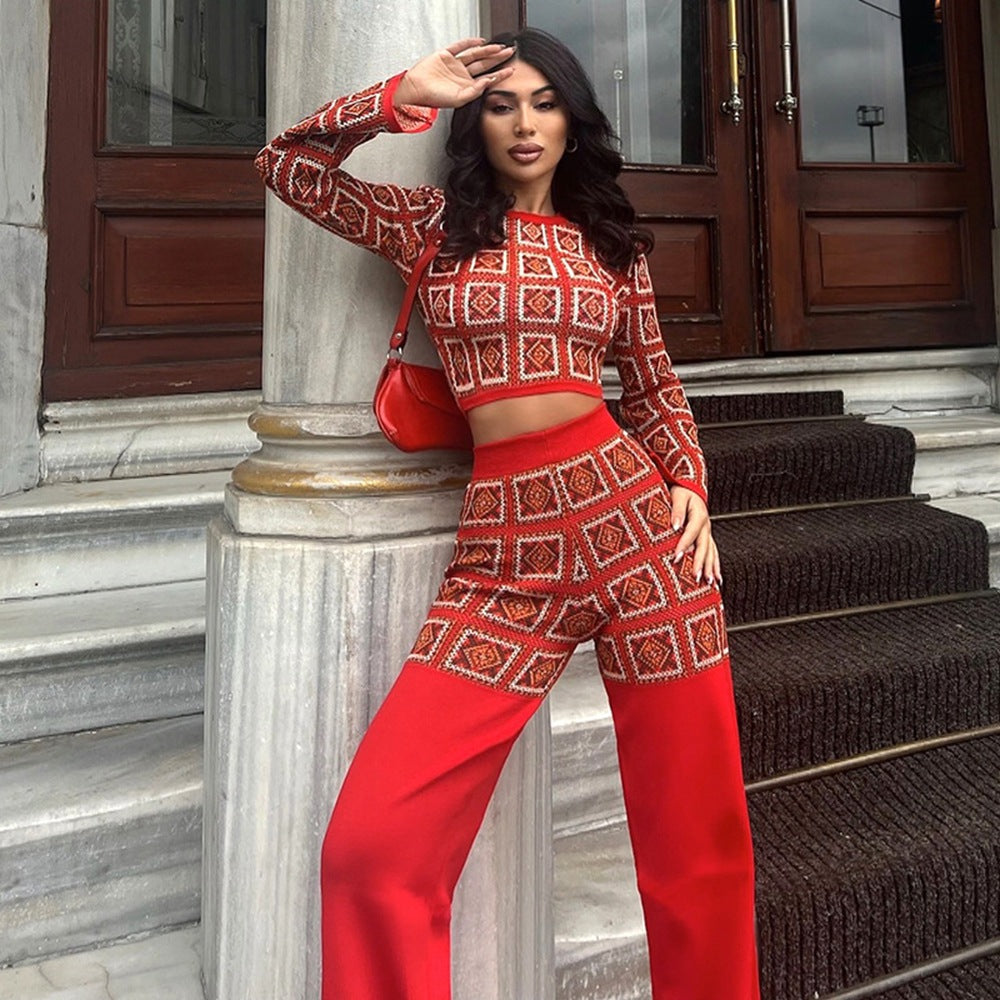 Women's Autumn Winter National Printed Plaid Long Sleeve Short Top