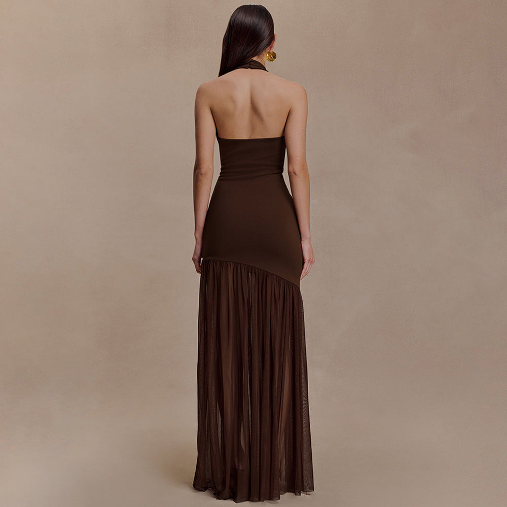 Halter Cutout Asymmetric Bodycon Maxi Dress