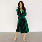 Gold Velvet V-Neck Long-Sleeve Maxi Dress