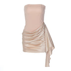 Autumn Satin Stitching Graceful Tube Top Sheath Pleated Slim Dress