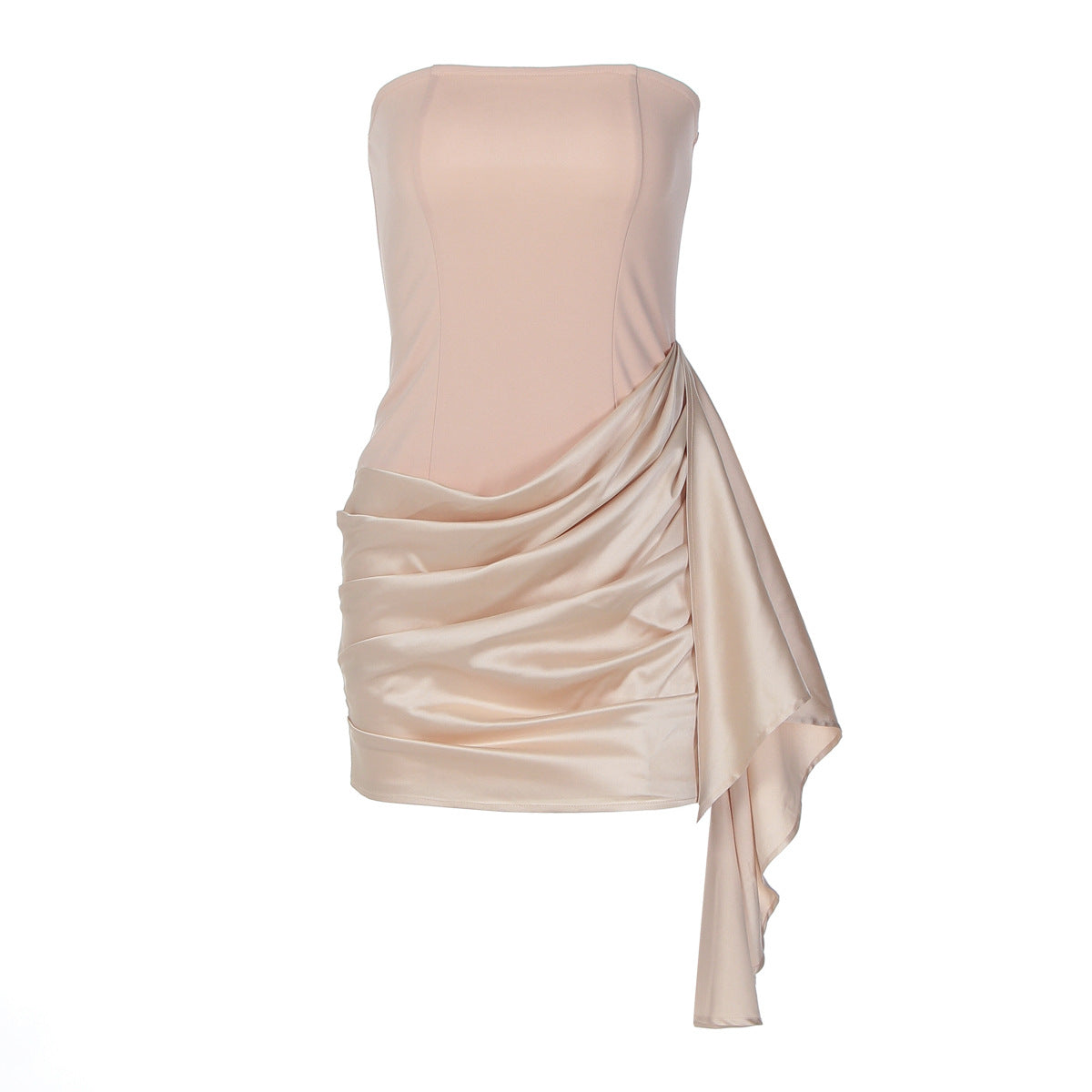 Autumn Satin Stitching Graceful Tube Top Sheath Pleated Slim Dress