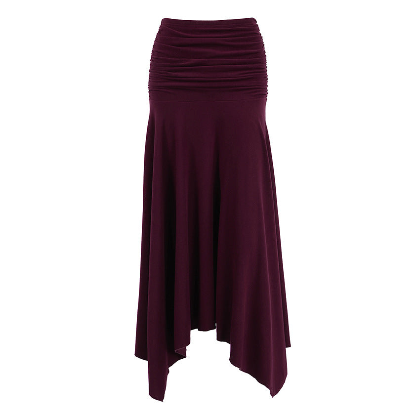 Women's Burgundy Ruched Asymmetric Midi Skirt