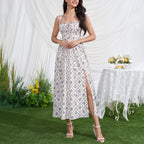 Blue and white lace midi dress with square neckline, sleeveless, and side slit