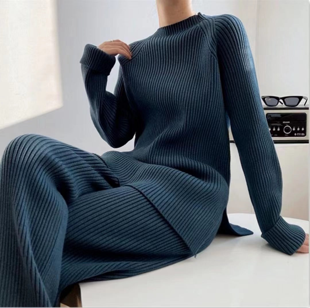 Solid Color Split Sweater Wide Leg Pants Spring Loose Autumn Knitting Suit Two-Piece Set