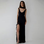 Women's Backless Ruffled High Slit Bodycon Maxi Dress