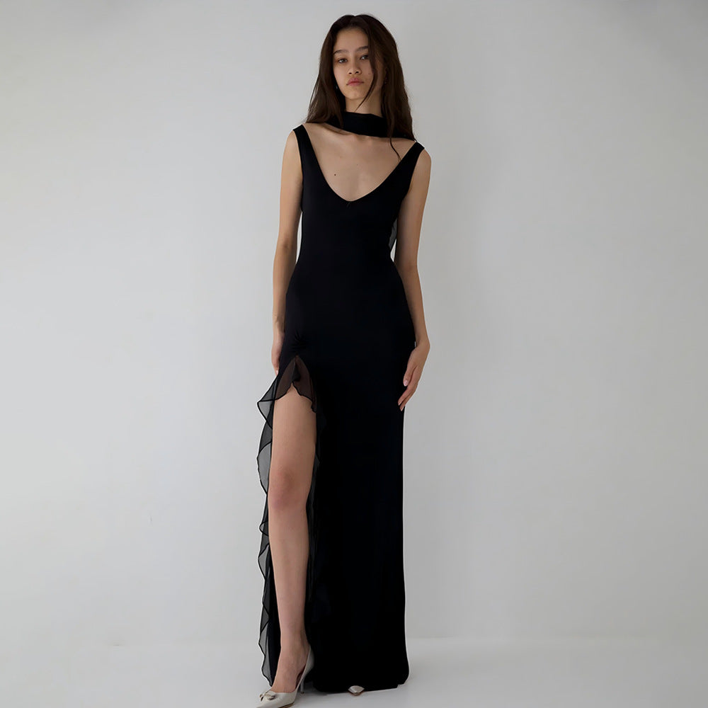 Women's Backless Ruffled High Slit Bodycon Maxi Dress