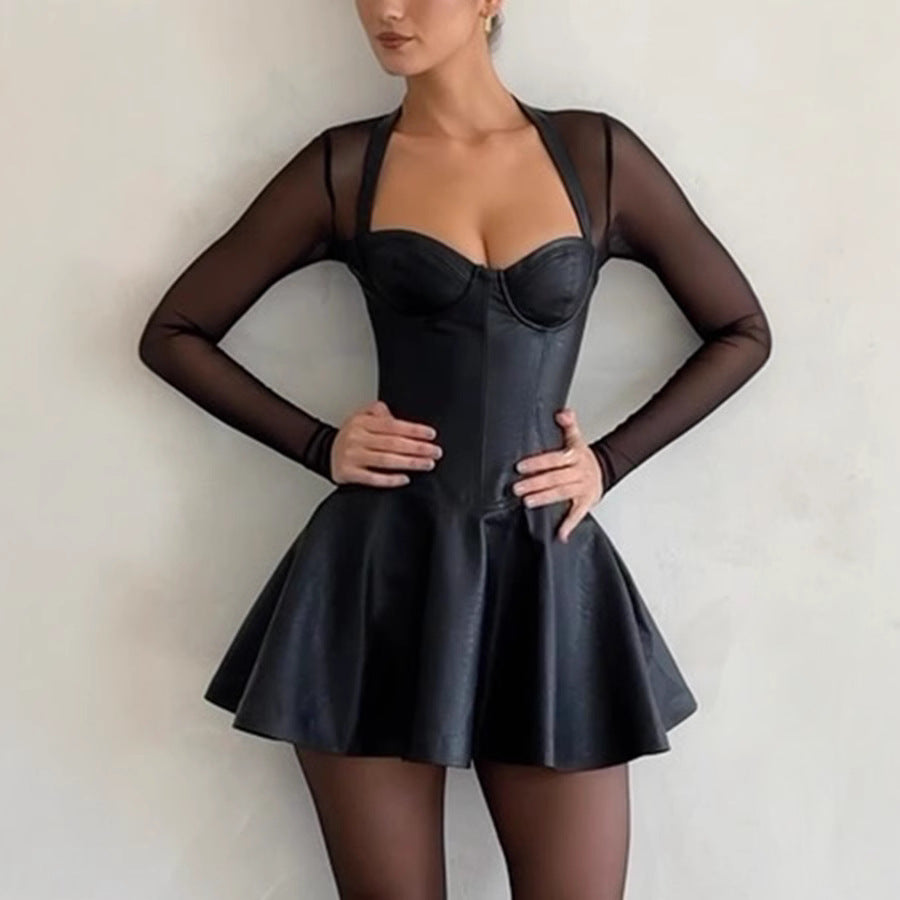Women's Spring Summer Long Sleeve Stitching Chest Wrapped Dress Casual Stretch Zipper Dress