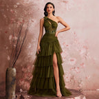 Women's One Shoulder Embroidered Tiered Slit Maxi Dress