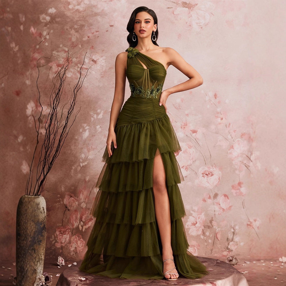 Women's One Shoulder Embroidered Tiered Slit Maxi Dress
