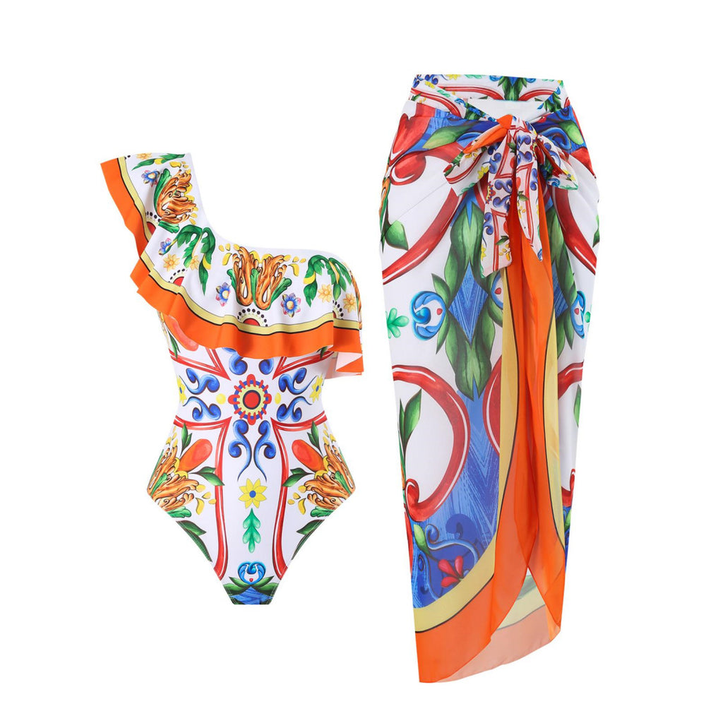 Shoulder Ruffled One-piece Swimwear