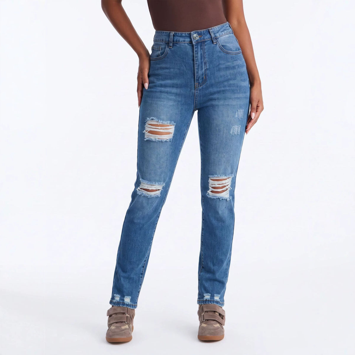 Women's High-Waist Ripped Straight-Leg Jeans