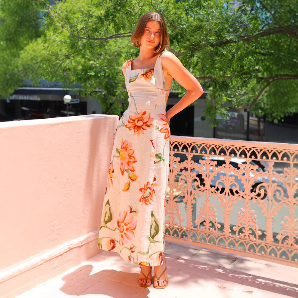 Women's Vacation Printed Maxi Dress Backless Sling Dress