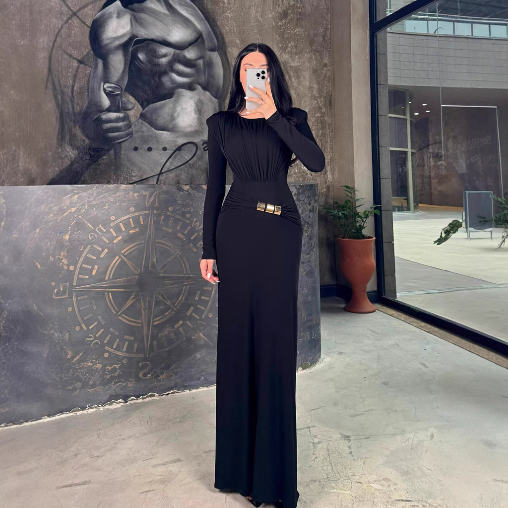 Crew-Neck Long-Sleeve Ruched Bodycon Maxi Dress
