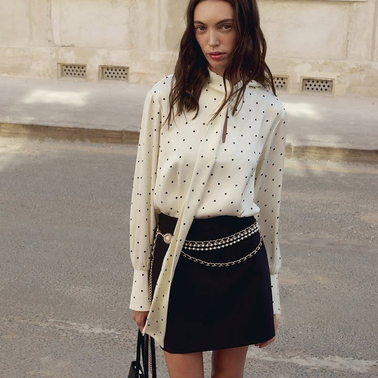 Polka-Dot Satin Lace-Up Shirt