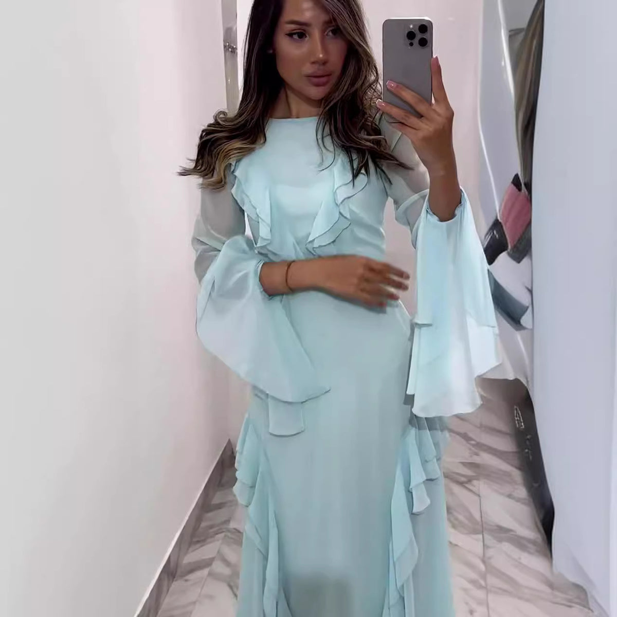 Summer Solid Color Mesh Cutout Off-Neck Show Delicate Dress