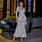 Women's Autumn Winter Sexy Dress Slim Fit Long Sleeved Mopping Party Cocktail Sequined Evening Dress