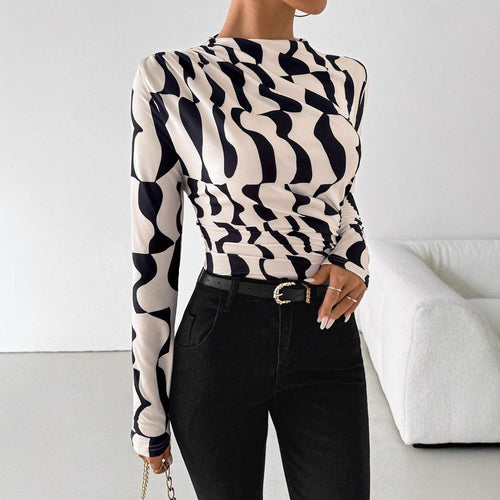 Autumn Winter Stand Collar Pleated Edge Printed Slim Fit Slimming Top Women
