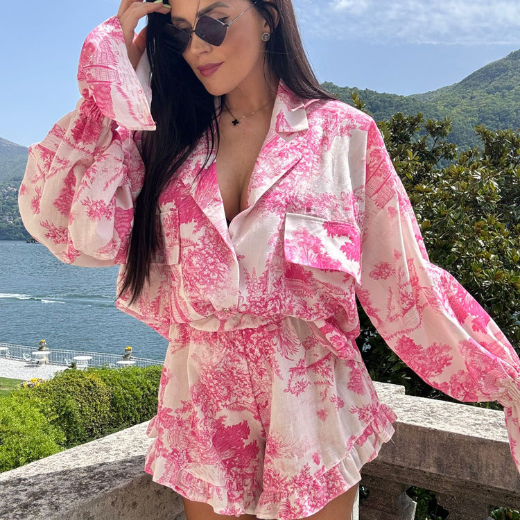Chinese Print Bell-Sleeve Shirt & Shorts Set