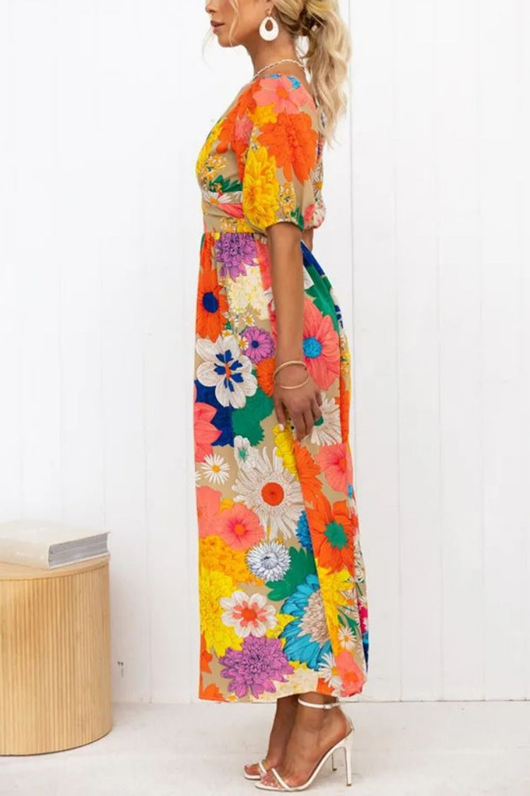 V-Neck French Printed Puff-Sleeve Dress