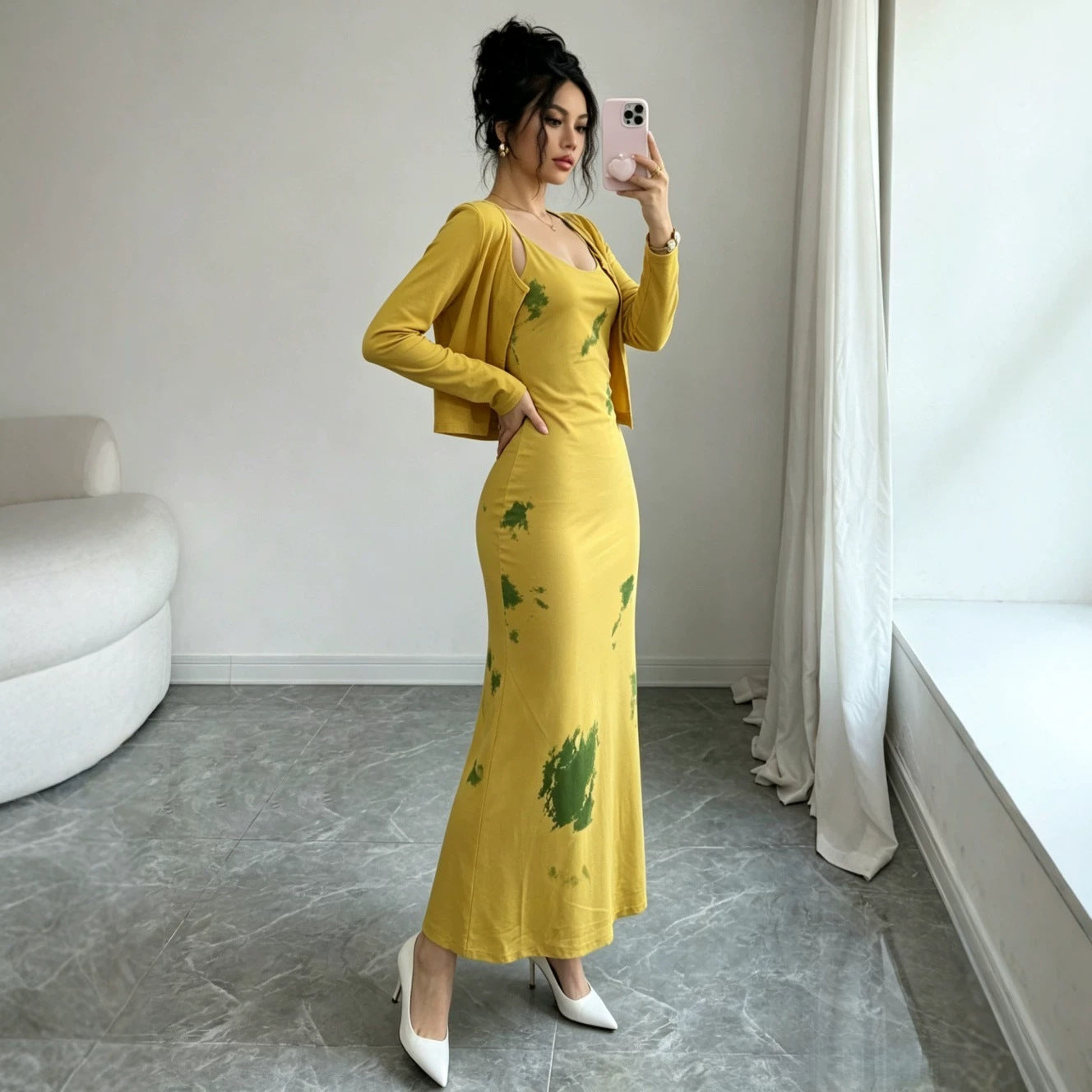Women's Blue Floral Long Sleeve Midi Dress