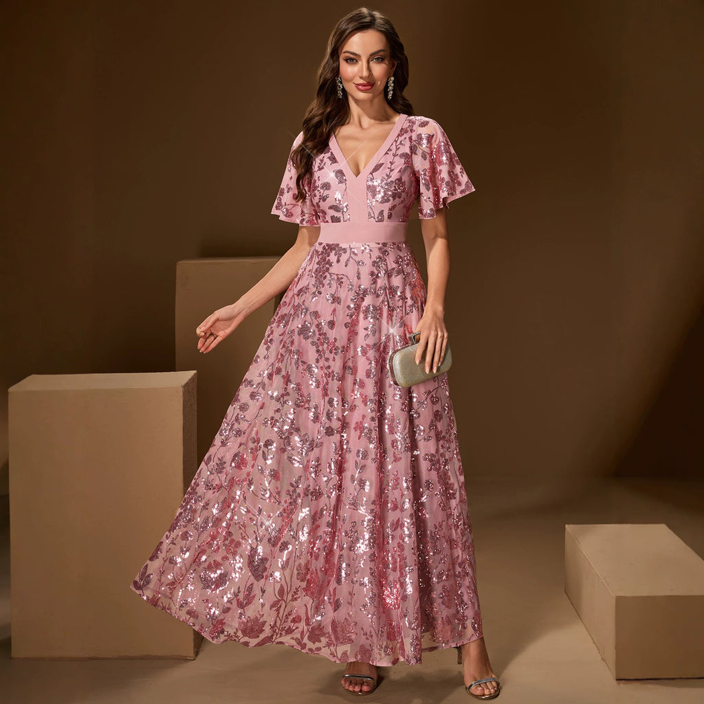 Women's Version Elegant Dress Floral Sequ V Neck Stitching Belt