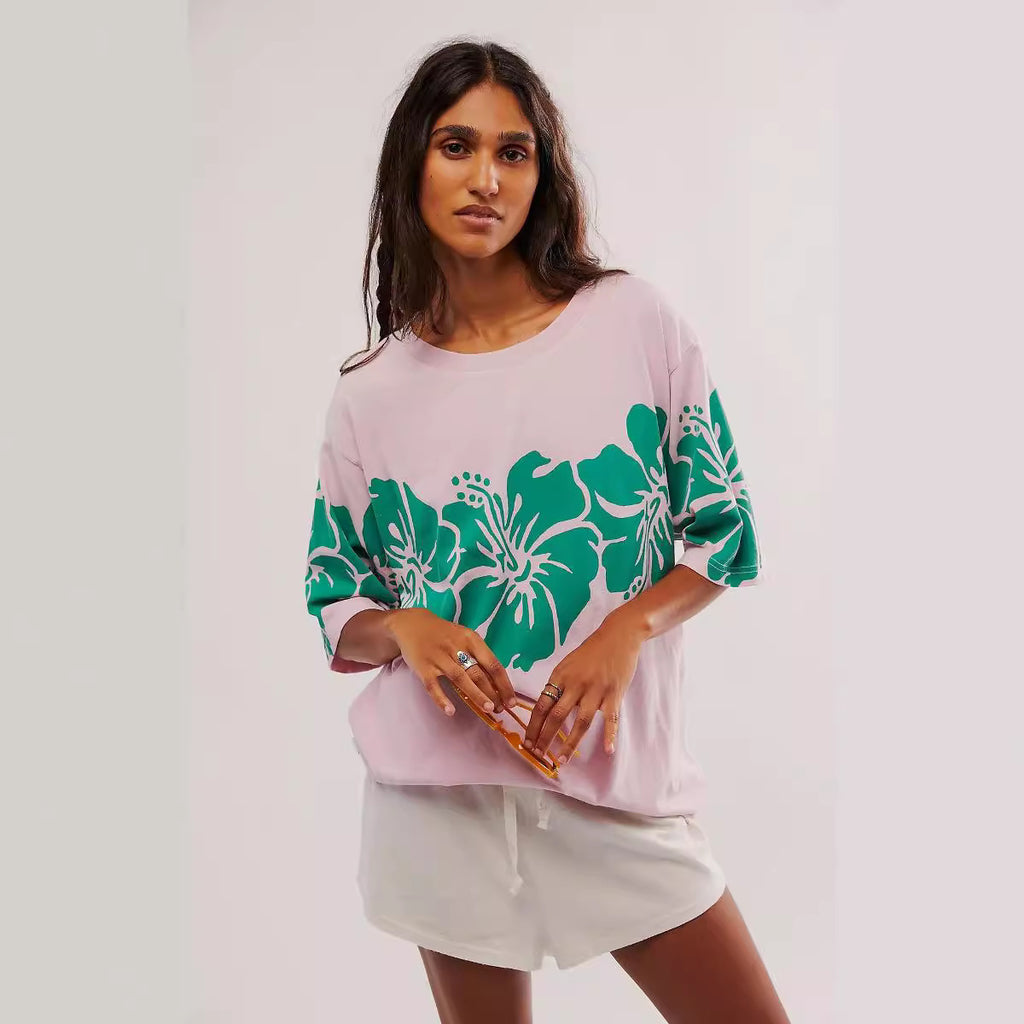 Women's Autumn Women Clothing Top Personalized Printed Loose Short Sleeved T Shirt Women