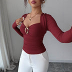 Asymmetric Metal Buckle Pleated Top