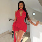 Slim Fit Women Clothing Solid Color Lace up Sexy Loose Hip Dress Swing Collar Halter Pleated Short Dress