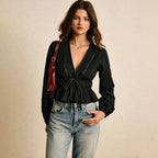 Women's Deep V Embroidered Ruffle Blouse