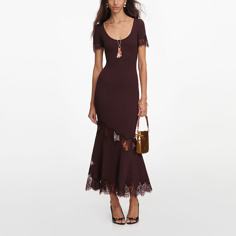 Women's Lace-Trimmed Fishtail Midi Dress