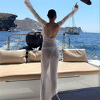 Women's Round Neck Dress Women Elegant Beach Sun Protection Dress Party Summer Long Sleeve Sexy Backless Dress