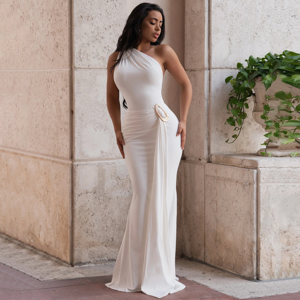 Metal Decoration Backless Dress One-Shoulder Slim
