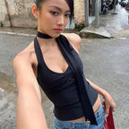 Summer Solid Color V neck Halter Strap Slim Fit Small Tank Top