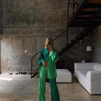 Spring Summer Satin Colorblock Oversized Shirt Casual Straight Pants Two-Piece Set