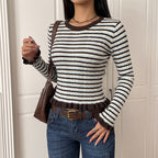 Retro Casual Striped O neck Short Bell Sleeve Sweater for